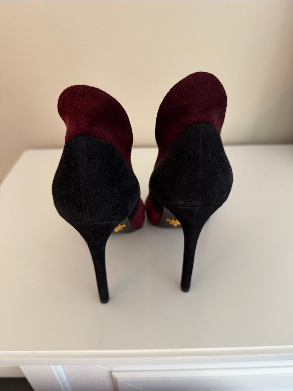 Prada Burgundy and Black Suede Pointed Stiletto Pumps - Picture 4 of 6